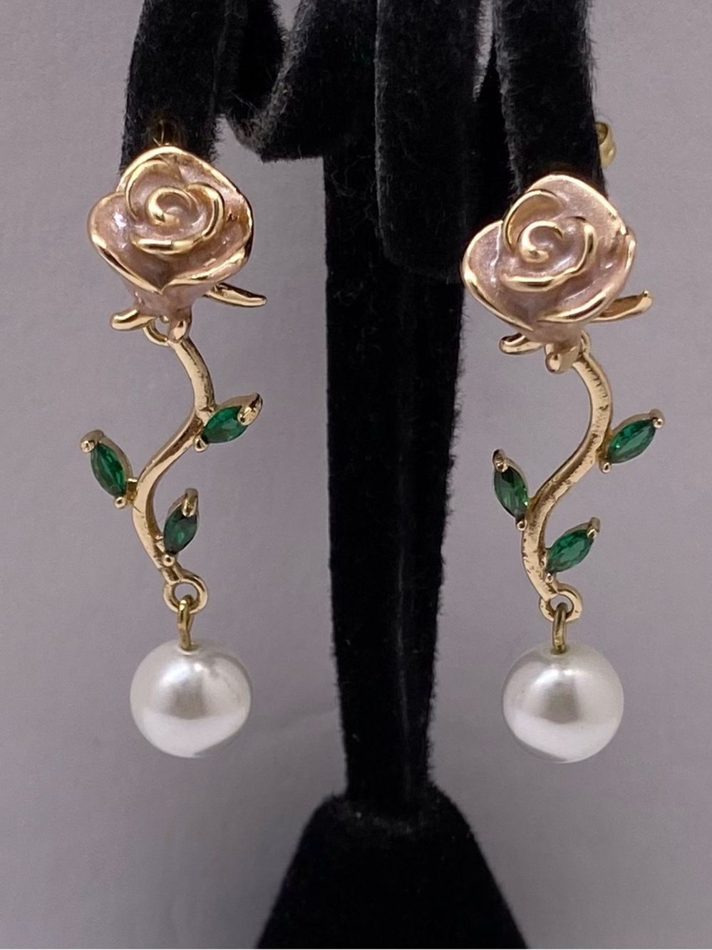 Gold Over 925 Sterling Rose Vine Pearl Drop Earrings with Green Crystal Leaves
